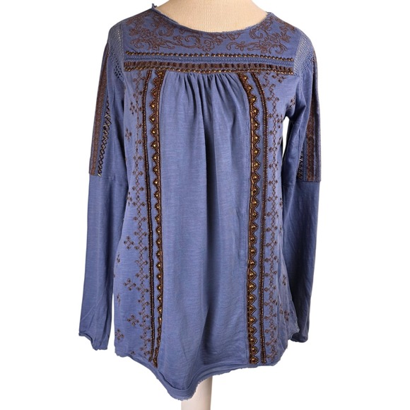 Sundance Women's XS Blue Embroidered Beaded Boho Tunic Top Cotton Hippie Western - Picture 1 of 7